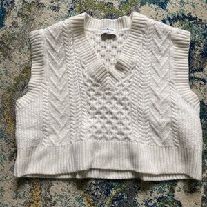 Babaton White Cable Knit V-Neck Cropped Sweater Vest
